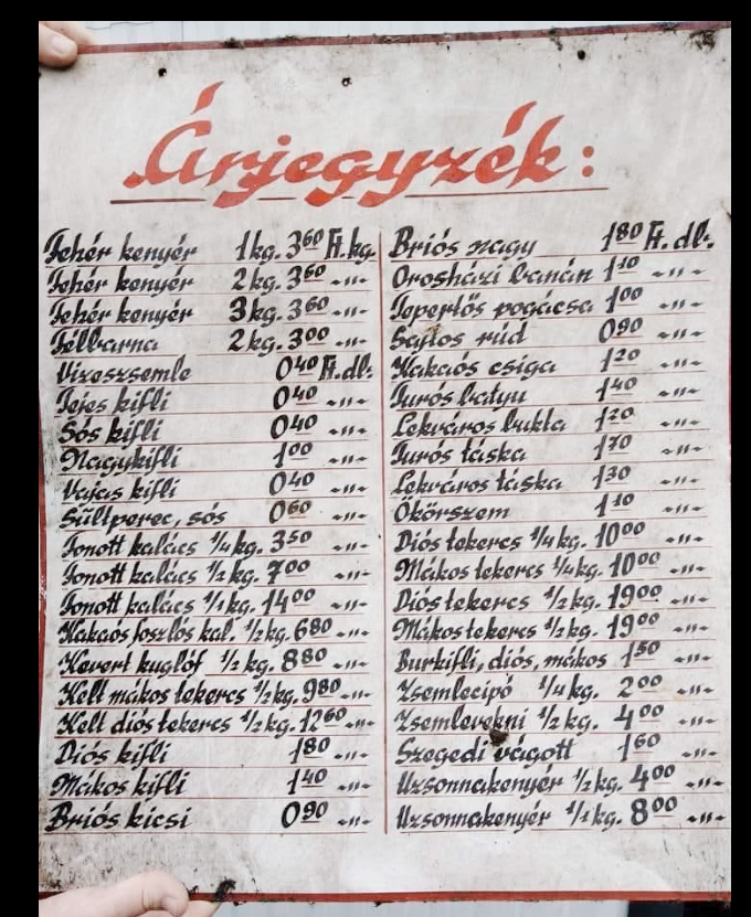 kenyér árjegyzék